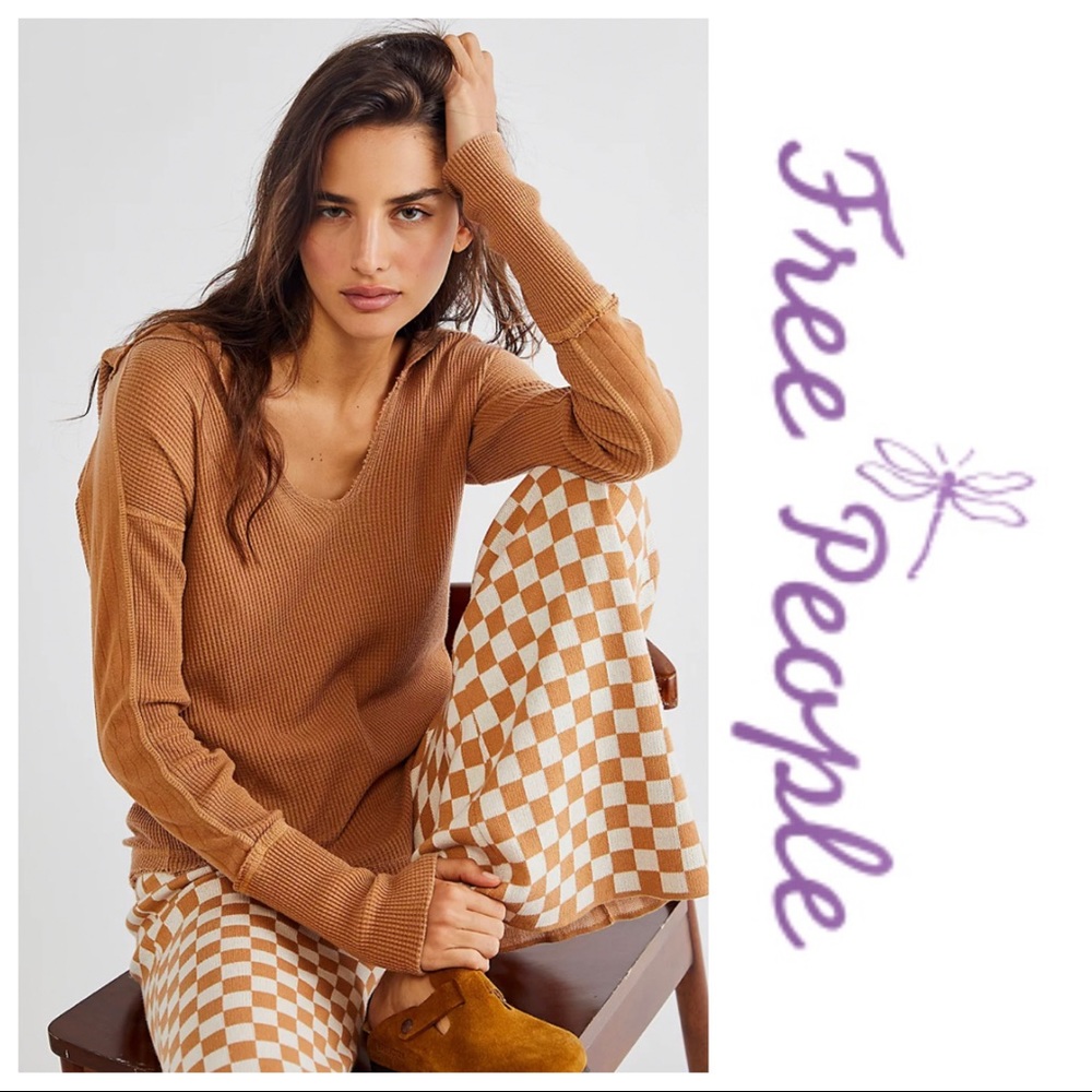 Free People Waffle Knit V-Neck Top in Camel Brown with hood